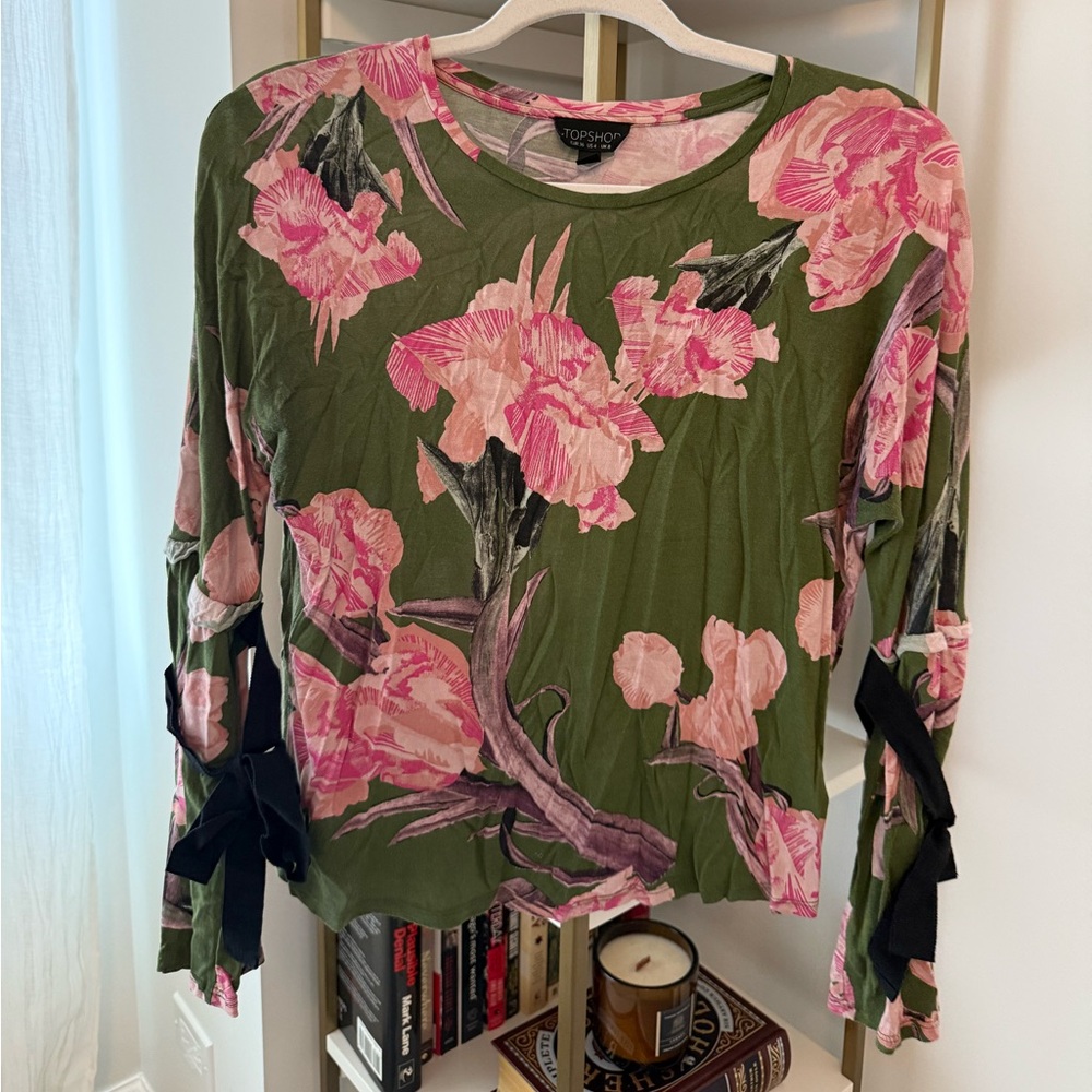 Topshop Olive and Pink Floral Blouse